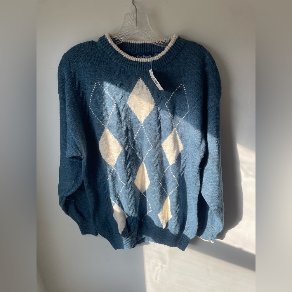 Vintage NWT Par Four Blue and White Argyle Golf Crewneck Sweater Men’s Medium